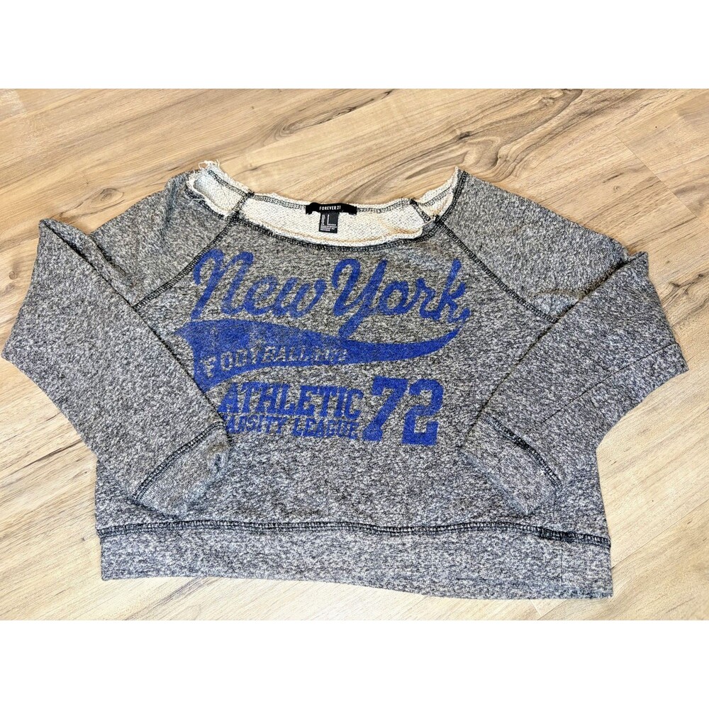 Forever 21 Women's Gray Blue Loose Cropped New York Pullover Sweatshirt Small S - Picture 2 of 6